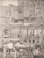 Rékassy Csaba (1937-1989): Ariadné és Daidalosz. Rézmetszet, papír, jelzett, számozott (16/100), körbevágva, lapszéli apró foltokkal, paszpartuban, 39×29 cm