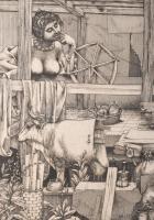 Rékassy Csaba (1937-1989): Ariadné és Daidalosz. Rézmetszet, papír, jelzett, számozott (16/100), kör...