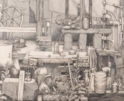 Rékassy Csaba (1937-1989): Ariadné és Daidalosz. Rézmetszet, papír, jelzett, számozott (16/100), kör...