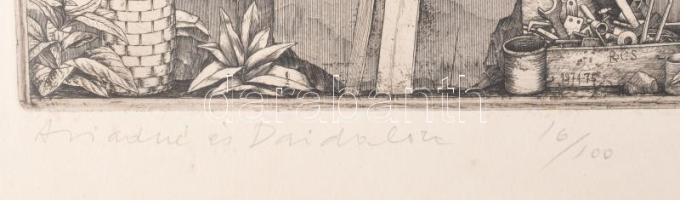 Rékassy Csaba (1937-1989): Ariadné és Daidalosz. Rézmetszet, papír, jelzett, számozott (16/100), kör...