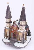 Elemmel működő világító és zenélő karácsonyi templom asztaldísz, használatlan, eredeti dobozában, m: 26 cm