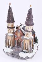 Elemmel működő világító és zenélő karácsonyi templom asztaldísz, használatlan, eredeti dobozában, m: 26 cm
