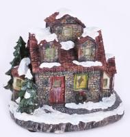 Elemmel működő világító és zenélő karácsonyi házikó asztaldísz, használatlan, eredeti dobozában, m: 18 cm