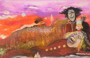 Kelemen P. jelzéssel: Szürrealista kompozíció (cím nélkül), 1990. Vegyes technika, papír. Paszpartub...