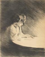 Goetze, Otto (1868-1931): Olvasó hölgy. Rézkarc, papír. Jelzett. Lap széle sérült. 29x24 cm