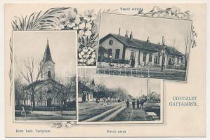 1911 Gátalja, Gáttája, Gataia; Római katolikus templom, Vasút utca, vasútállomás. Szecessziós-virágos keret / Catholic church, street view, railway station. Art Nouveau, floral frame