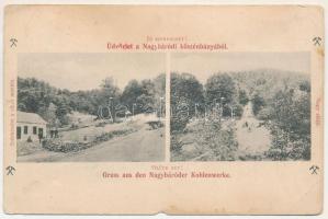 1908 Nagybáród, Borod; Jó szerencsét! Üdvözlet a nagybáródi kőszénbányából. Szénkészlet a sikló mentén, nagy sikló, iparvasút, csille / Glück auf! Gruss aus den Nagybáróder Kohlenwerke / coal mine, coal plant, coal classification, industrial railway, mine carts (b)