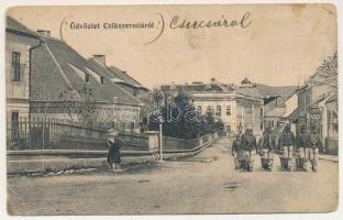 Csíkszereda, Miercurea Ciuc; utcakép, üzletek, katonák. Szvoboda József kiadása. Biró József felvétele / street view, shops, soldiers (tűnyomok / pinmarks)