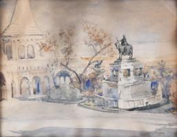 Makoldy József (1890-1957): Halászbástya, Budapest, 1923. Akvarell, papír, jelzett, hátoldalán Makoldy József ajándékozási soraival Bory Jenő szobrász részére és Makoldy József ex domo grafikájával. Dekoratív, üvegezett, sérült fakeretben, 35x45 cm.