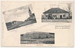 1908 Szakálháza, Sacalaz (Temes, Timis); Fő utca, állami népiskola, római katolikus templom, üzlet, állami óvoda, nagyvendéglő, étterem, községháza, ifj. Glaub János vegyeskereskedése és saját kiadása. A levél címzettje dr Niszler Teodóz (1887-1943) bencés papnövendék, későbbi pannonhalmi perjel / street, school, Roman Catholic church, nursery, restaurant, town hall, shop (felületi kopás / worn surface)