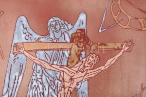 Tóth Szvetlana (1949-): Jézus és Angyal. Tűzzománc, fém alapon, jelzett, fakeretben, 50x38 cm