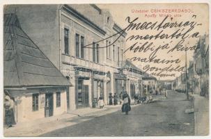 1913 Csíkszereda, Miercurea Ciuc; Apaffy (Apafi) Mihály utca, Vákár Lajos, Szvoboda József üzlete és saját kiadása / street view, shops (fl)