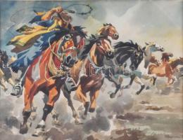 Abonyi Ernő (1884-1941): Csikós vágató lovakkal. Akvarell, papír, jelzett, üvegezett fakeretben, 29x38 cm