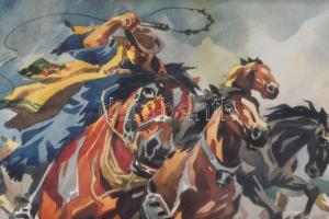 Abonyi Ernő (1884-1941): Csikós vágató lovakkal. Akvarell, papír, jelzett, üvegezett fakeretben, 29x...