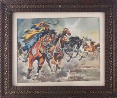 Abonyi Ernő (1884-1941): Csikós vágató lovakkal. Akvarell, papír, jelzett, üvegezett fakeretben, 29x...