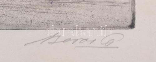 Boross Géza (1908-1971): Margitsziget, rézkarc, papír, jelzett. Üvegezett, sérült fakeretben, 29×40 ...