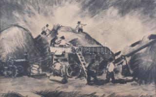 Szalay jelzéssel: Aratás. Szén, papír. Üvegezett fakeretben, 24×35 cm