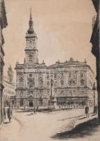 Koch Ernő (1898-1970): Szervita-tér, Budapest, 1944. Rézkarc, papír, jelzett. Üvegezett, kissé sérült fakeretben, 23,5×17 cm