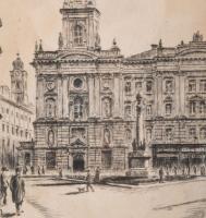 Koch Ernő (1898-1970): Szervita-tér, Budapest, 1944. Rézkarc, papír, jelzett. Üvegezett, kissé sérül...