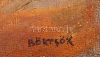 Börtsök jelzéssel: Szénaboglyák. Olaj, vászon. 33,5×50 cm