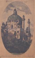 L.V. Pollack (XX. sz. első fele): Bécs, Karlskirche. Színezett rézkarc, papír. Jelzett. Üvegezett fakeretben. 16×10 cm