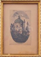 L.V. Pollack (XX. sz. első fele): Bécs, Karlskirche. Színezett rézkarc, papír. Jelzett. Üvegezett fa...