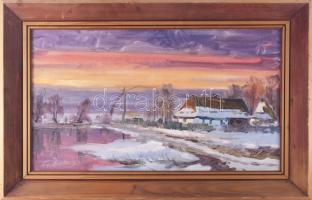 Fekete jelzéssel: Tanya télen. Olaj, vászon. Jelzett. Fakeretben. 35×60 cm