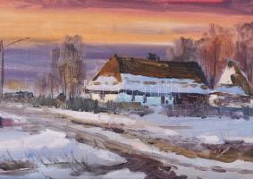 Fekete jelzéssel: Tanya télen. Olaj, vászon. Jelzett. Fakeretben. 35×60 cm