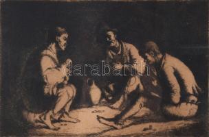 Rudnay Gyula (1878-1957): Kártyázók. Rézkarc, papír, jelzett. Korabeli, üvegezett, kissé sérült fakeretben, 16×23,5 cm, lap széle kissé foltos.