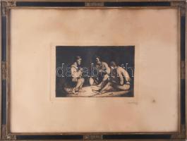 Rudnay Gyula (1878-1957): Kártyázók. Rézkarc, papír, jelzett. Korabeli, üvegezett, kissé sérült fake...