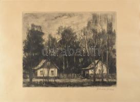 Bordás Ferenc (1911-1982): Utca az erdő szélén. Rézkarc, papír, jelzett, 24x29,5 cm