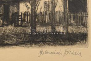 Bordás Ferenc (1911-1982): Utca az erdő szélén. Rézkarc, papír, jelzett, 24x29,5 cm