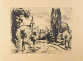 Fehér Ilona (1913-1983): Utcarészlet (Balatonfelvidék?). Rézkarc, papír, jelzett. 23,5x31,5 cm