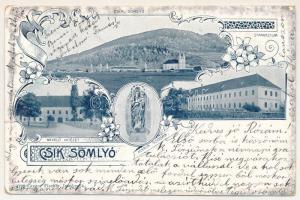 Csíksomlyó, Sumuleu Ciuc; látkép, kegytemplom, gimnázium, nevelőintézet, Mária szobra. Gregor Fischer kiadása / general view, pilgrimage church, grammar school, boarding school, Virgin Mary statue. Art Nouveau, floral (szakadás / tear)