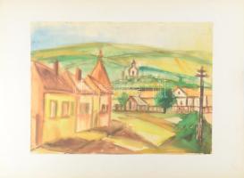 Szabó Klára (XX. sz.vége/XXI. sz. eleje, bajai festőnő): Falu a dombok közt. Akvarell, papír, jelzés nélkül, kartonra kasírozva, 36x50 cm