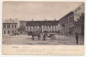 1904 Hátszeg, Hateg; Fő tér, B. Popovits, Szokol Ilyés, Kéméndy Albert, Reiszfeld üzlete, piac. Kendoff A. és fia kiadása / main square, market, shops + 10 portóbélyeg (EB)