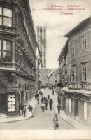 Pozsony Deák and Halászkapu street with the textile shop of Treusch