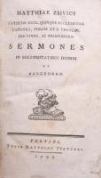[Zsivics Mátyás (1751-1814)] Matthiae Zsivics: Sermones in solemnitatibus Domini et sanctorum. Pestini, 1799, Typis Matthiae Trattner, 4 sztl. lev.+ 387 p. Latin nyelven. Félbőr-kötésben, viseltes borítóval és gerinccel, helyenként foltos lapokkal.