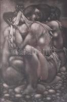 Amerigo Tot (1909-1984): Kavicsasszonyok. Rézkarc, mezzotinto, papír, jelzés nélkül, üvegezett fakeretben, 39×26 cm