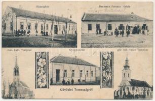 1914 Temesság, Saágh, Sag; Községháza, Baumann Ferenc üzlete, Római katolikus templom, gyógyszertár,...