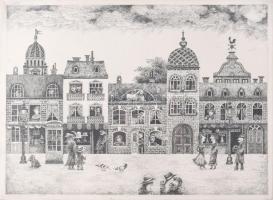 Molnár Gabriella (1940-): Utca. Rézkarc, papír. Jelzett. 29×39 cm. Üvegezett fakeretben.