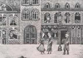 Molnár Gabriella (1940-): Utca. Rézkarc, papír. Jelzett. 29×39 cm. Üvegezett fakeretben