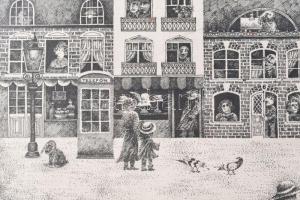 Molnár Gabriella (1940-): Utca. Rézkarc, papír. Jelzett. 29×39 cm. Üvegezett fakeretben