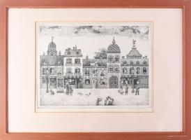 Molnár Gabriella (1940-): Utca. Rézkarc, papír. Jelzett. 29×39 cm. Üvegezett fakeretben