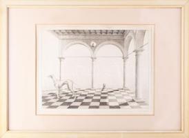 Artner Margit (1954-): Az agár. Rézkarc, papír, jelzett. Üvegezett fakeretben. 29×39,5 cm