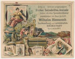 Brassó, Kronstadt, Brasov; Wilhelm Hiemesch Buchhandlung und Leihbibliothek, Restauration Redoute, Theater-Plan, Bühne, Cafee. Lith. G. Lehmann No. 32. / Wilhelm Hiemesch könyvkiadó reklámlapja, hátoldalon a Városi Vigadó és étterem, kávéház (Redoute) alaprajza / book publishing advertisement, with the plan of Redoute restaurant and café on the backside. Art Nouveau, floral, litho (non PC) (r)