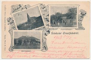 1903 Orczyfalva, Orczifalva, Kokoda, Orczydorf, Ortisoara (Temes); Római katolikus templom, Tejszövetkezet, Nagyvendéglő, étterem. Eibert József kiadása, nyomta Bloch H. Szecessziós-virágos keret / Catholic church, dairy cooperative, restaurant. Art Nouveau, floral frame (EK)