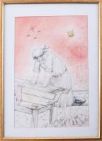 Kelemen Pál (1942-1999): Szürrealista kép, 1996. Akvarell, tus, papír, jelzett. Üvegezett fakeretben...