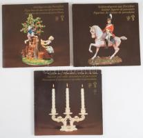 3 db német porcelánkatalógus: Soldatenfiguren aus Porzellan.; Zierfiguren aus Porzellan.; Raum- und Tafelschmuck aus Porzellan. Rudolstadt, é.n., VEB Sitzendorfer Porzellanmanufaktur. Színes fotókkal illusztrálva. Német, angol és francia nyelven. Kiadói papírkötés.