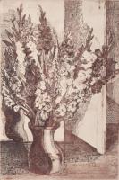 Kádár Katalin (1951- ): Csendélet. Rézkarc, papír, jelzett, üvegezett fakeretben, 29×19,5 cm